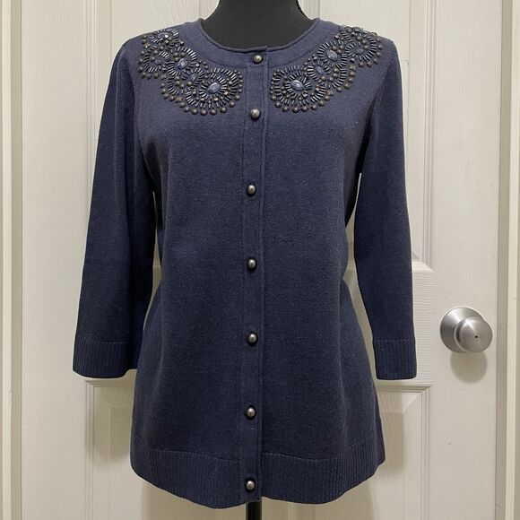 Christopher & Banks Button Up Knit Cardigan 3/4‎ Sleeve Beads Embellished Large - Picture 1 of 9